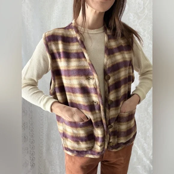 Vintage Plaid Wool Blend Button Front Vest Earth Tone Layered Folk Style - Picture 5 of 15